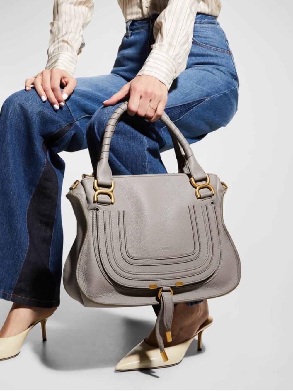 Chloé Marcie Medium Double Carry Satchel Bag in Grained Leather - CASHMERE GREY - Picture 2 of 13